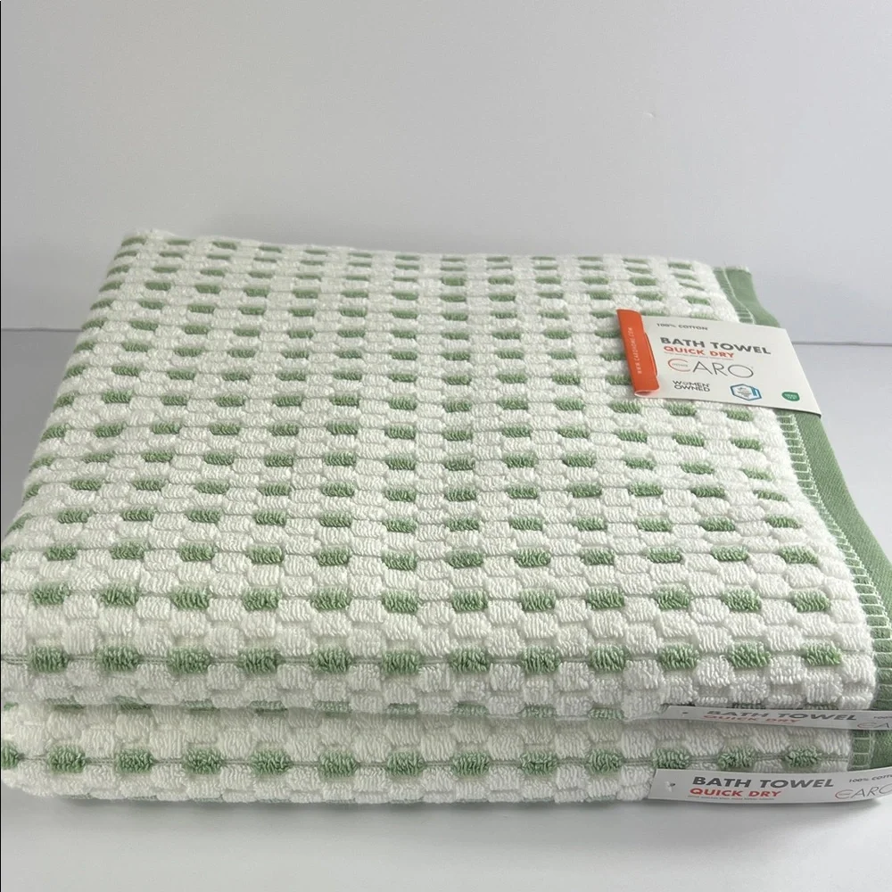 Caro Home Bath Towels Quick Dry Green and White Dot Print Cotton Set of 2 NEW